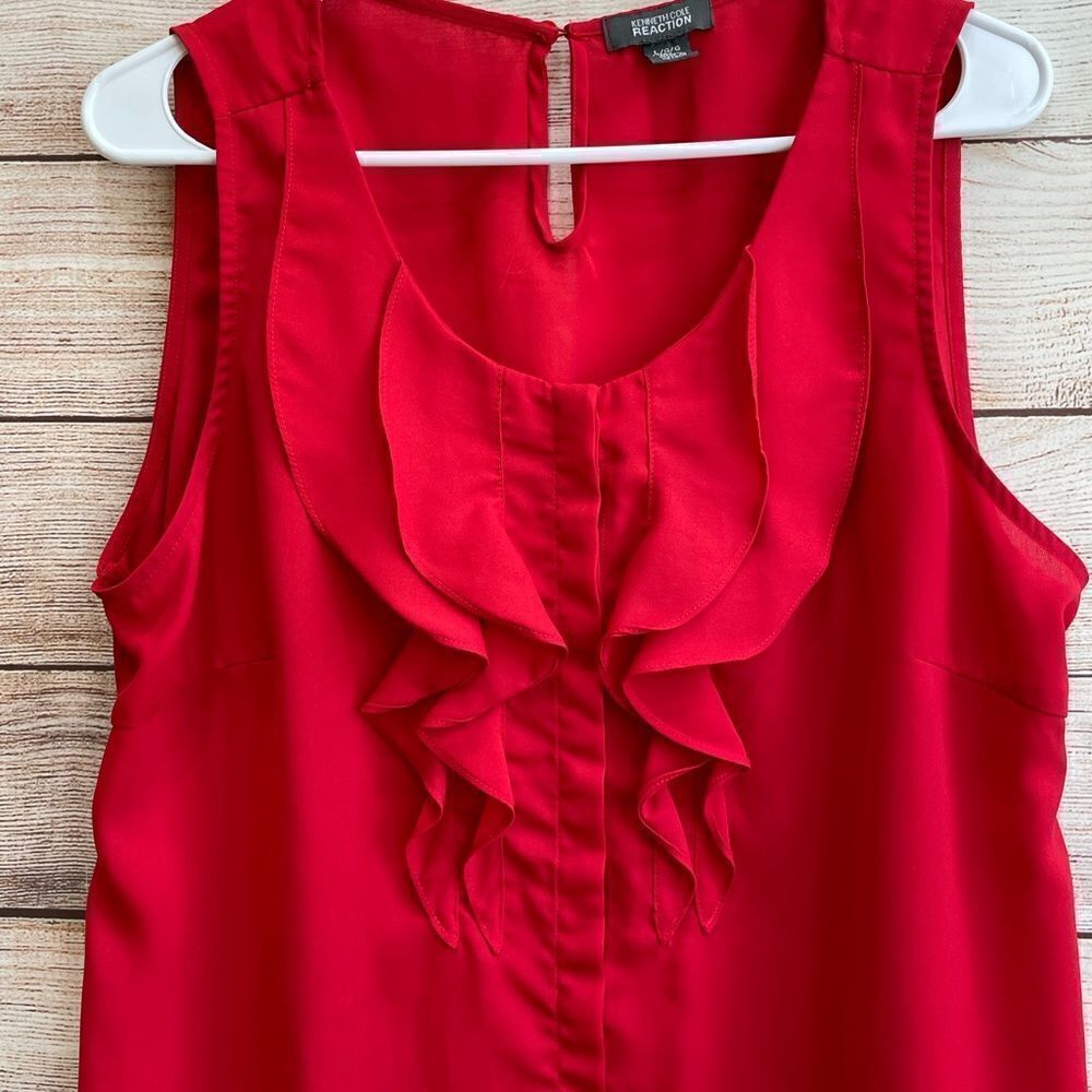 KENNETH COLE REACTION RED TOP WITH RUFFLE FRONT - Picture 2 of 5